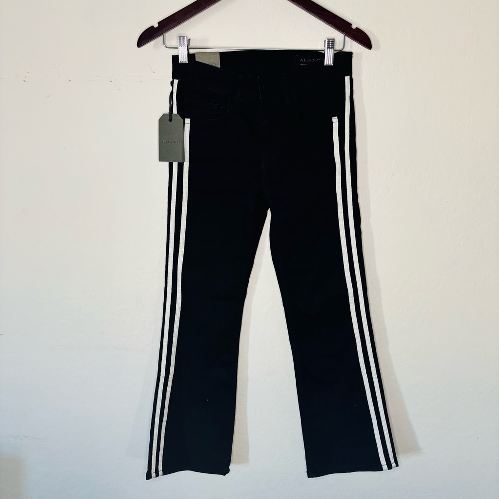 All Saints Heidi Black Flared‎ Leg High Rise Cropped Jeans White Stripes Size 26